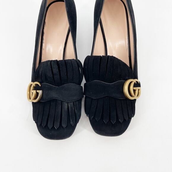 Gucci Marmont Black Suede GG Logo Kiltie Fringe Block Heel Loafer Pumps EU 37 - Picture 6 of 14
